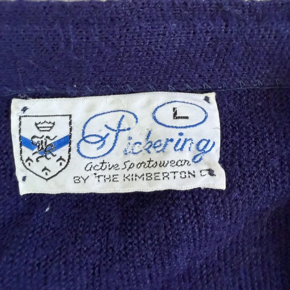 Vintage Pickering Sweater Mens Large Blue Tight Knit V Neck Cardigan Logo